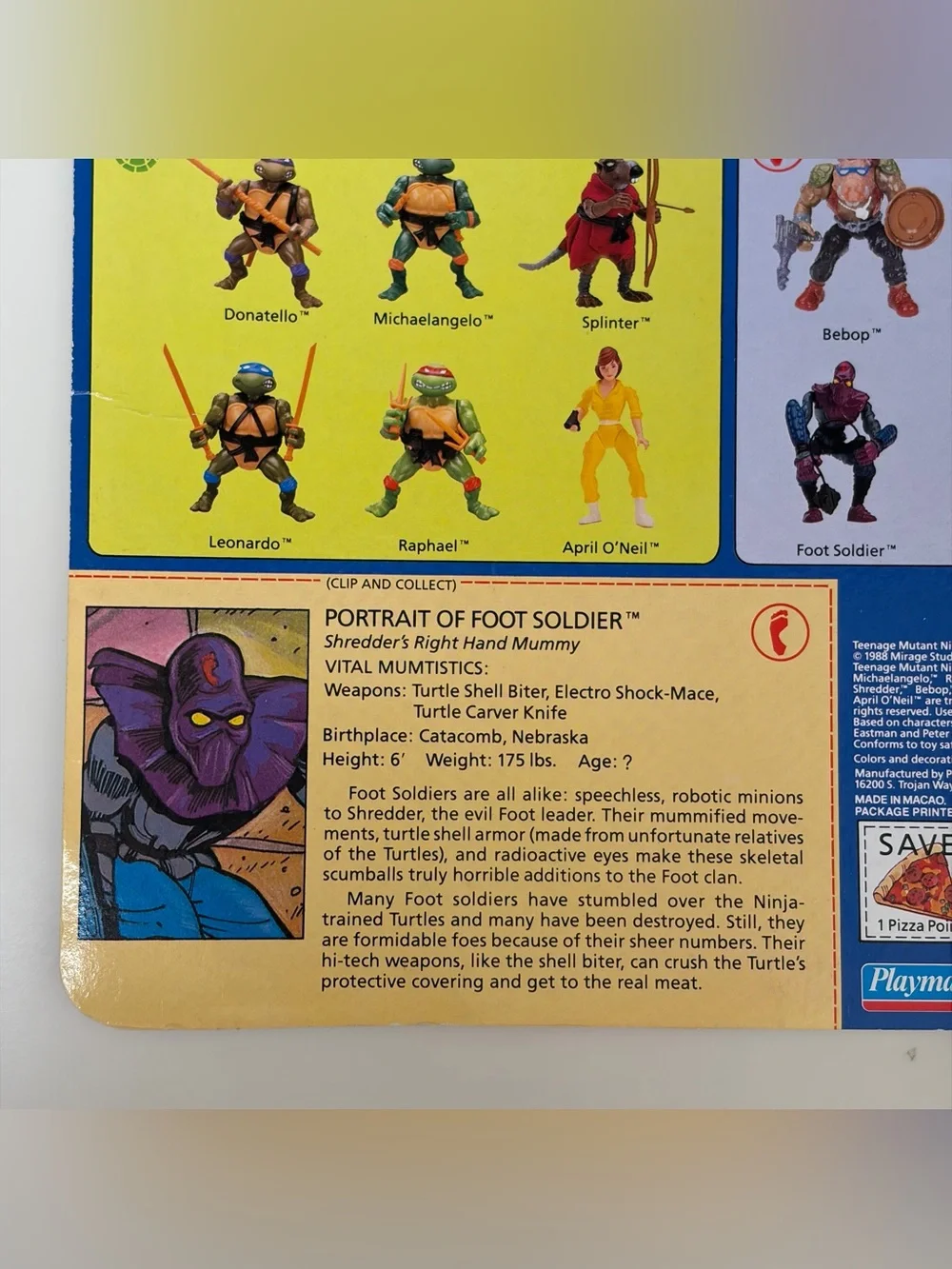 VTG 1988 Teenage Mutant Ninja Turtles Foot Soldier Cardback TMNT 10 Back Card